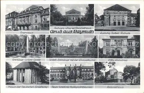 Bayreuth Opernhaus Festspielhaus Festhalle Villa Schloss Wasserkunst Eremitage Grotte Haus der Deutschen Erziehung Kat. Bayreuth