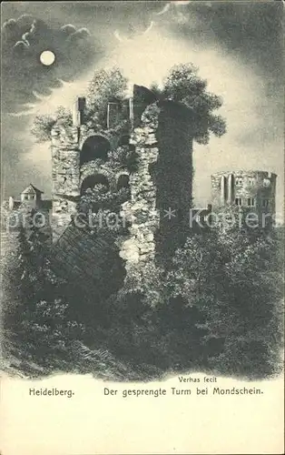 Heidelberg Neckar Gesprengte Turm bei Mondschein Kat. Heidelberg