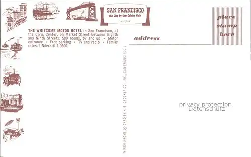 San Francisco California Whitcomb Motor Hotel  Kat. San Francisco
