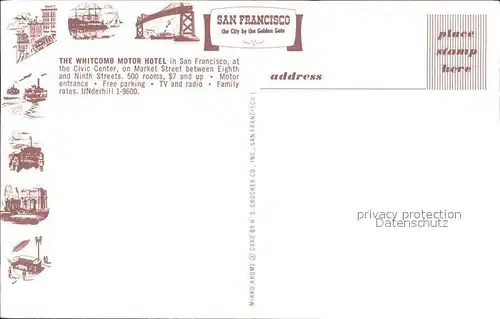 San Francisco California Whitcomb Motor Hotel  Kat. San Francisco