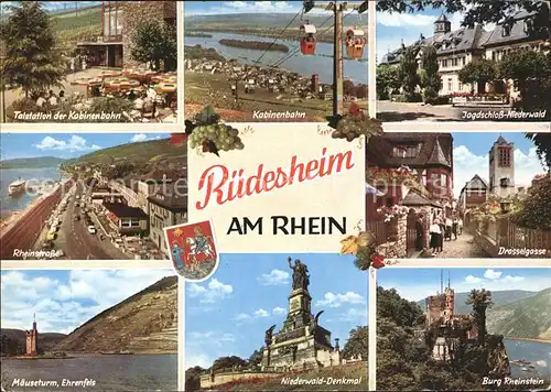 Ruedesheim Rhein Talstation Kabinenbahn Jagdschloss Niederwald Rheinstr Drosselgasse Maeuseturm Ehrenfels Niederwald Denkmal Burg Rheinstein Kat. Ruedesheim am Rhein