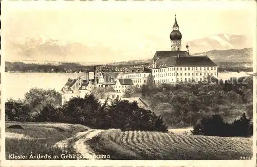 Kloster Andechs mit Gebirgspanorama Kat. Andechs