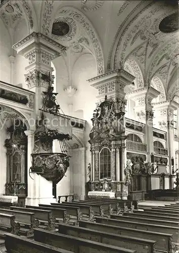 Irsee Klosterkirche Noerdliche Langhaus und Chorwand mit der Schiffskanzel Kat. Irsee