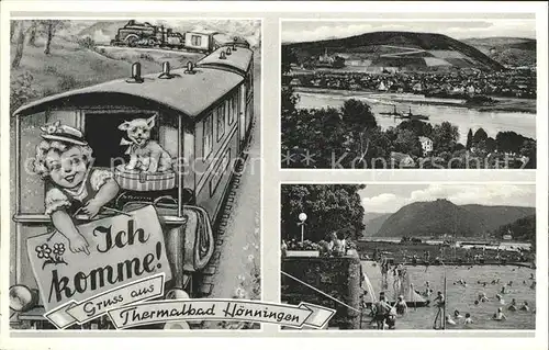 Bad Hoenningen Thermalbad Blick ueber den Rhein Eisenbahn Maedchen mit Hund Kat. Bad Hoenningen