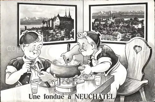 Neuchatel NE Vue generale et les Alpes Chateau Fondue Karikatur Kat. Neuchatel