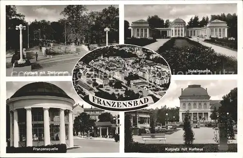 Franzensbad Boehmen Kurpark Zierbrunnen Nataliequelle Kurplatz Kurhaus Franzensquelle Fliegeraufnahme Kat. Frantiskovy Lazne