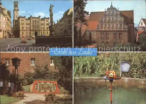 Zittau Platz der Jugend Heftergiebel Blumenuhr Glockenturm Schleifermaennchen Kat. Zittau