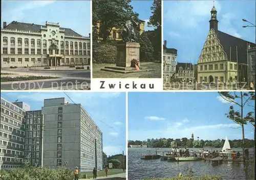 Zwickau Sachsen Rathaus Robert Schumann Denkmal Stadttheater Internat Ingenieurhochschule Schwanenteich  Kat. Zwickau