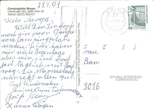Koeln Rhein Campingplatz Berger Fliegeraufnahme Kat. Koeln