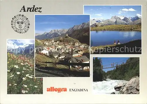 Ardez mit Burgruine Steinsberg Lai Rudond Val Sampuoir Sommerwiese Haengebruecke in der Inn Schlucht Kat. Ardez