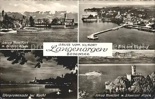 Langenargen Bodensee Schloss Montfort Fliegeraufnahme Uferpromenade bei Nacht Schweizer Alpen Kat. Langenargen