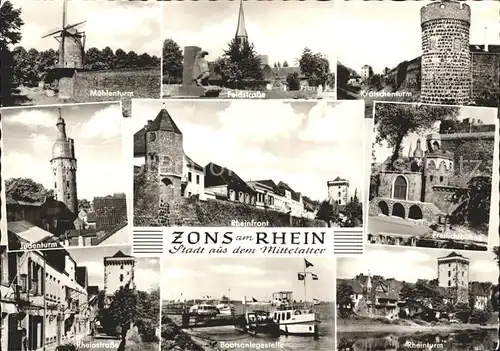 Zons Muehlenturm Feldstr Kraetschenturm Judenturm Rheinfront Freilichtbuehne Rheinstr Bootsanlegestelle Rheinturm Kat. Dormagen