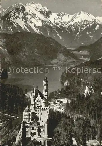 Hohenschwangau Koenigsschloss Neuschwanstein mit Alpsee und Tiroler Hochgebirge Kat. Schwangau