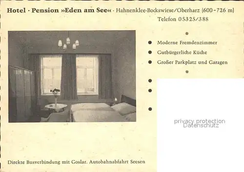 Hahnenklee Bockswiese Harz Hotel Pension Eden am See Kat. Goslar