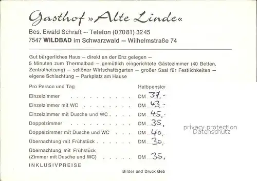 Wildbad Schwarzwald Gasthaus Alte Linde Kat. Bad Wildbad