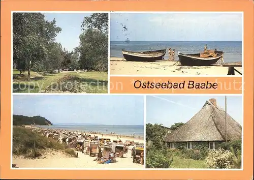 Baabe Ostseebad Ruegen Kurpark Boote am Strand Rohrdachhaus Kat. Baabe