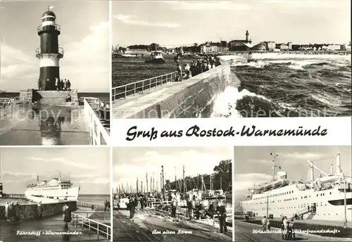 Warnemuende Ostseebad Leuchtturm Brandung Faehrschiff Am alten Strom Urlauberschiff Voelkerfreundschaft Kat. Rostock