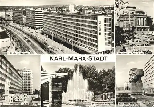 Karl Marx Stadt Strasse der Nationen Theaterplatz Opernhaus Ensemble Lobgedichte Schlossteichanlagen Springbrunnen Karl Marx Monument Kat. Chemnitz