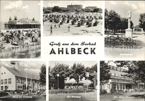 Ahlbeck Ostseebad Strand Seebruecke Konzertplatz Uhr HO Hotel Ostsee HO Milchbar Haus der Erholung Kat. Heringsdorf Insel Usedom