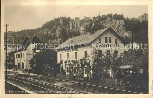 Rathen Saechsische Schweiz Bastei mit Bahnhof und Gasthaus Kat. Rathen Sachsen