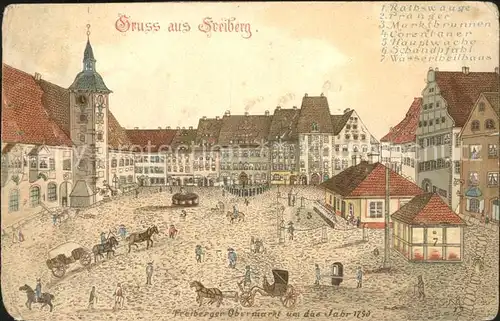Freiberg Sachsen Obermarkt anno 1790 Litho Kat. Freiberg