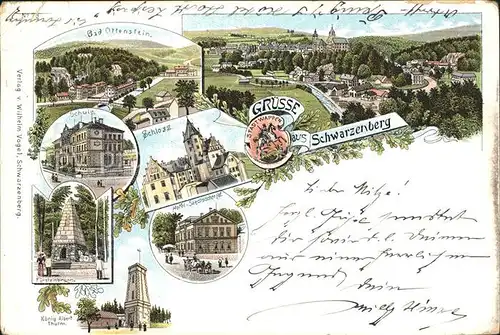 Schwarzenberg Erzgebirge Gesamtansicht Schule Schloss Hotel Bad Ottenstein Fuerstenbrunn Gedenkstein Reichspost Litho Kat. Schwarzenberg