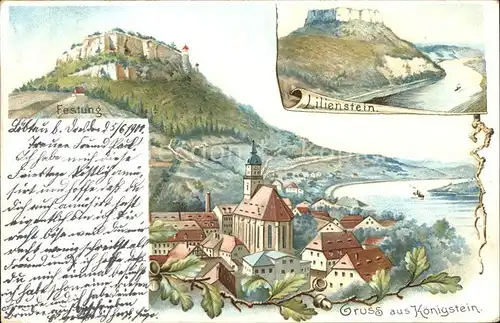 Koenigstein Saechsische Schweiz mit Festung Lilienstein Elbsandsteingebirge Kuenstlerkarte Kat. Koenigstein Saechsische Schweiz