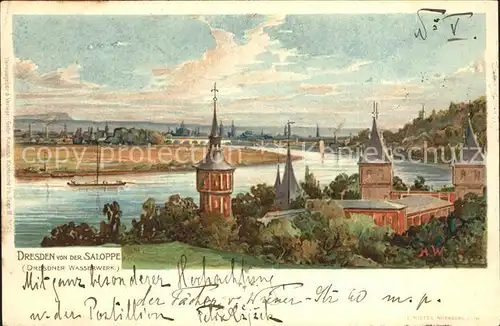 Dresden Ansicht von der Saloppe aus Dresdner Wasserwerk Reichspost Kuenstlerkarte Kat. Dresden Elbe