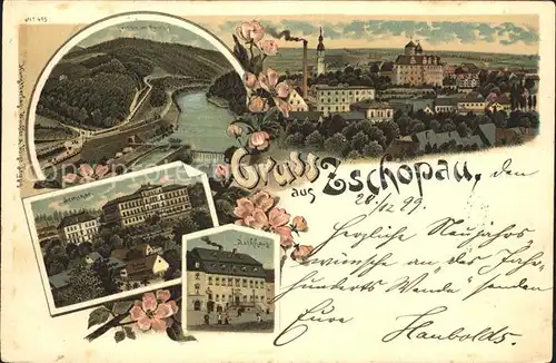 Zschopau Banhof Seminar Rathaus Stadtbild mit Kirche und Schloss Litho Kat. Zschopau