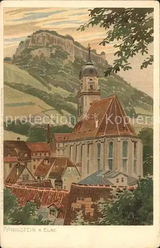 Koenigstein Saechsische Schweiz Kirche Festung Kuenstlerkarte Kat. Koenigstein Saechsische Schweiz