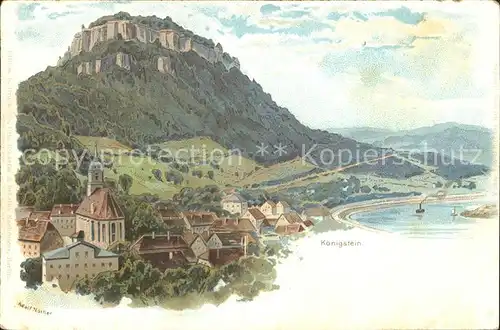 Koenigstein Saechsische Schweiz Ortsansicht mit Kirche Elbetal Festung Kuenstlerkarte Kat. Koenigstein Saechsische Schweiz
