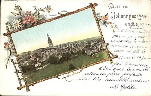 Johanngeorgenstadt Ortsansicht mit Kirche Bilderrahmen Blumen Kat. Johanngeorgenstadt