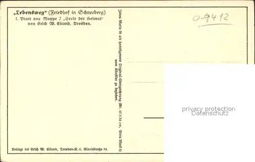 Schneeberg Erzgebirge Lebensweg Friedhof 1. Blatt aus Mappe 2 Seele der Heimat Erich W Eiland Kuenstlerkarte Kat. Schneeberg
