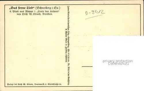 Schneeberg Erzgebirge Das ferne Lied 6. Blatt aus Mappe 1 Seele der Heimat Erich W Eiland Kuenstlerkarte Steinzeichnung Kat. Schneeberg