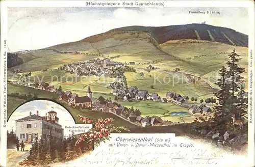 Oberwiesenthal Erzgebirge mit Unterwiesenthal Boehmisch Wiesenthal Fichtelberg Unterkunftshaus Kuenstlerkarte Kat. Oberwiesenthal