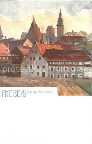 Freiberg Sachsen Ortsansicht mit Kirche Kuenstlerkarte Kat. Freiberg