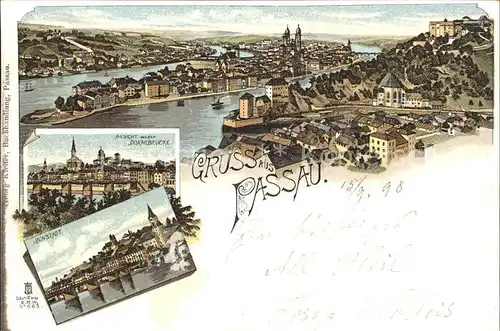 Passau Totalansicht Innstadt Donaubruecke Litho Kat. Passau