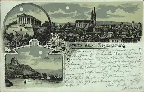 Regensburg Stadtbild mit Dom im Mondschein Walhalla Befreiungshalle Donau Kat. Regensburg