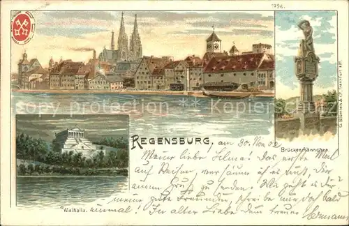 Regensburg Stadtbild mit Dom Donau Brueckenmaennchen Walhalla Ruhmeshalle Kuenstlerkarte Kat. Regensburg