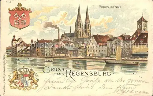 Regensburg Panorama mit Donau Dom Wappen Krone Kuenstlerkarte Kat. Regensburg