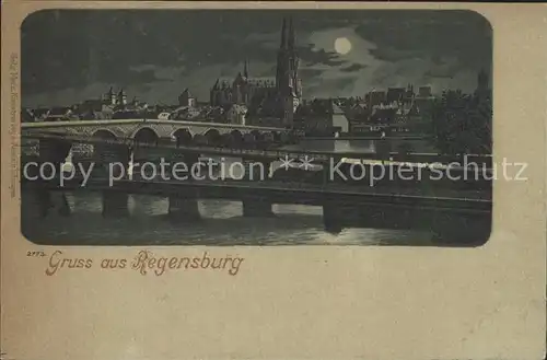 Regensburg Stadtbild mit Dom Donaubruecke im Mondschein Kat. Regensburg