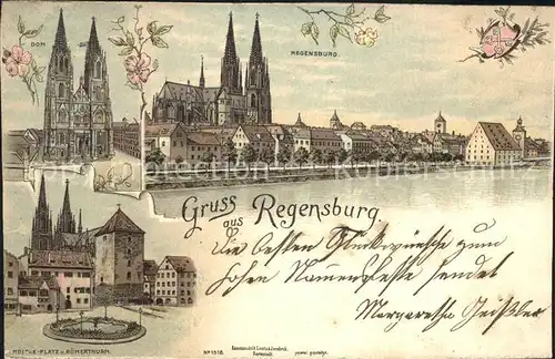 Regensburg Stadtbild mit Dom Moltkeplatz Roemerturm Koenigreich Bayern Litho Kat. Regensburg