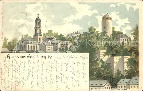 Auerbach Vogtland Ortsansicht mit Kirche Turm Kuenstlerkarte Kat. Auerbach