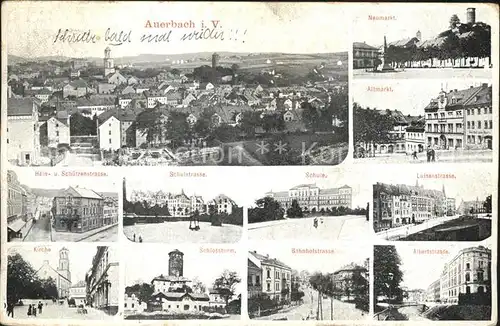 Auerbach Vogtland Panorama Markt Strassenpartie Kirche Schlossturm Kat. Auerbach