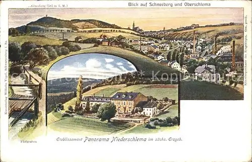 Niederschlema Panorama Blick auf Schneeberg und Oberschlema Flossgraben Etablissement Kat. Bad Schlema