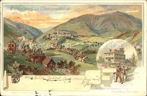Oberwiesenthal Erzgebirge Panorama mit Fichtelberg Unterkunftshaus Kuenstlerkarte Kat. Oberwiesenthal