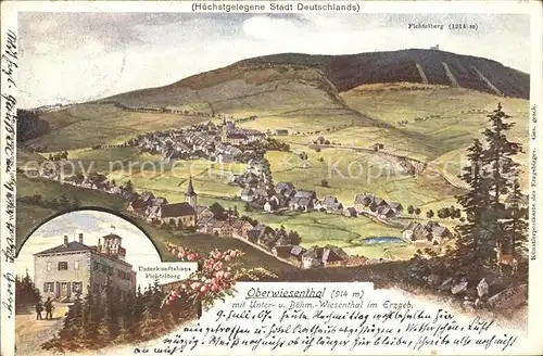 Oberwiesenthal Erzgebirge Panorama mit Fichtelberg Unterkunftshaus Kuenstlerkarte Kat. Oberwiesenthal