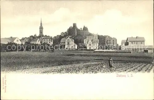 Stolpen Ortsansicht mit Kirche Burg Felder Kat. Stolpen