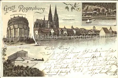 Regensburg Ansicht mit Dom Befreiungshalle Walhalla Ruhmeshalle Litho Kat. Regensburg