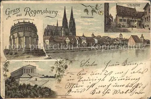 Regensburg Blick ueber die Donau Dom Altes Rathaus Befreiungshalle Walhalla Litho Kat. Regensburg